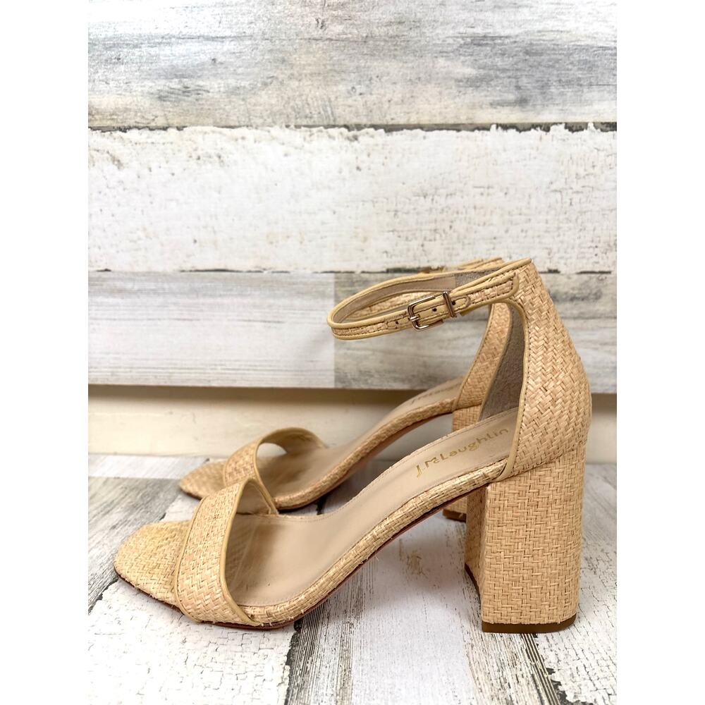 J. Mclaughlin Women 9 Beige Raffia Leather Strappy Heeled Open Toe Sandal Summer